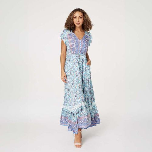 Woven V Neck Button though Maxi Dress with Flutter Sleeve Pale Blue ...