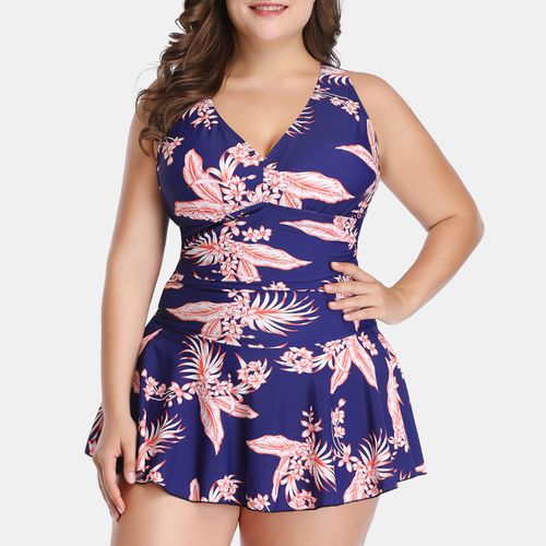 Ladies Plus-Size 2-Piece Tummy Control Swimdress-NavyFloral Olive Tree, South Africa