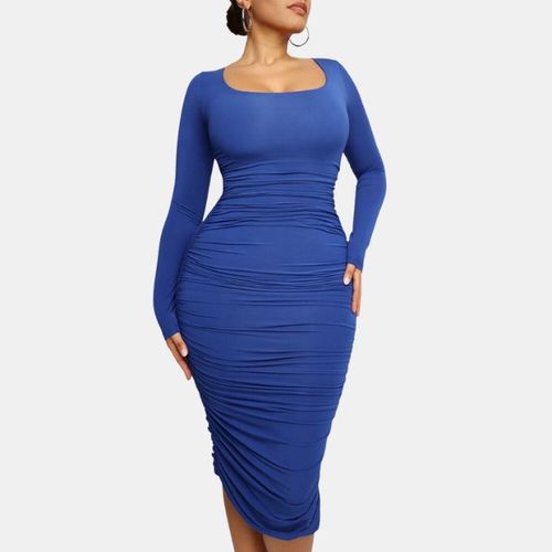 Square-Neck Long-Sleeve Bodycon Bulit-In Shapewear Dress -Blue