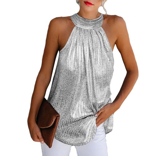 Ladies Shiny Solid Halterneck Sleeveless T-Shirt, Silver JAVING | Price ...