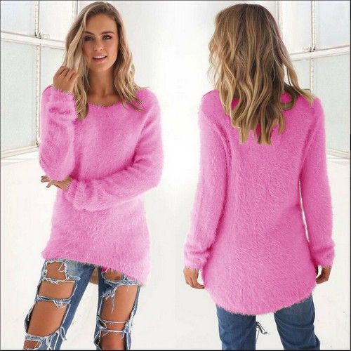 Ladies Fuzzy feel Solid Colour Long Sleeved Sweater Top, Hot Pink JAVING | Price in South Africa 