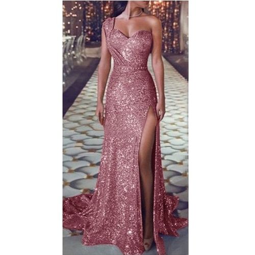 One Shoulder Sequin Evening Dress With Side Slit, Pink JAVING | Price ...