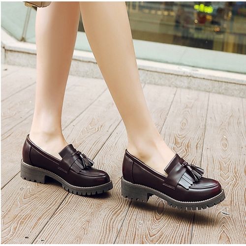 Thick Sole Low Heeled Fringed Tassel Detail Slip on Loafers, Burgundy ...