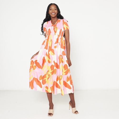 Geometric Short Sleeve Dress Orange-Pink JAVING | South Africa | Zando