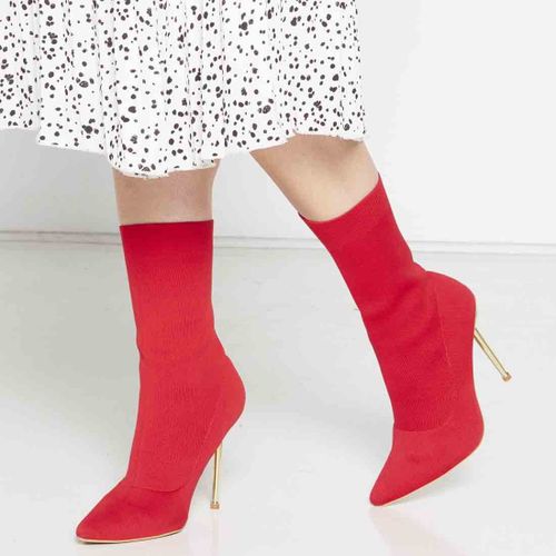 ASOS DESIGN + Esme Embellished Heeled Sock Boots In Red