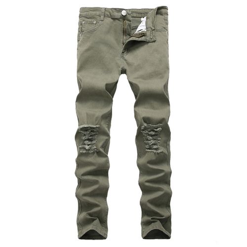 Distressed Knee Ripped Stretch Denims, Army Green JAVING | Price in ...