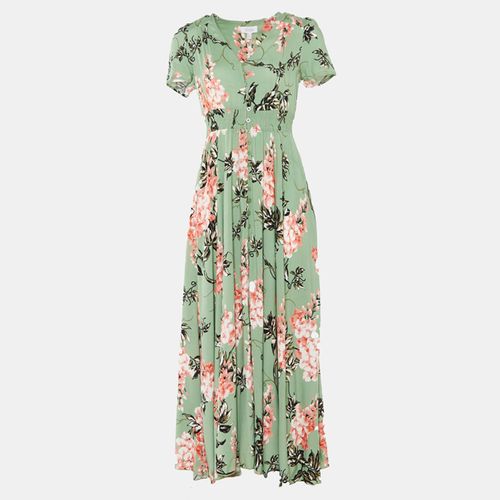 Woven V Neck Button though Maxi Dress withShort Sleeve Green & Sage ...