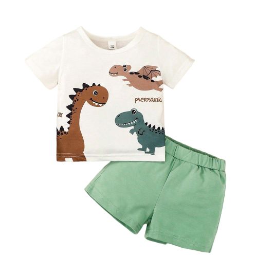 Dinosaur Printed White Short Sleeved Green Shorts Set Catpapa Kids ...