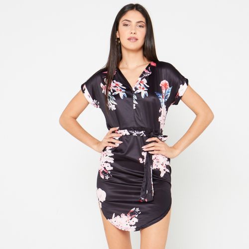 Ladies Floral Print Mini Dress with Belt - Black Yemlays | South Africa ...