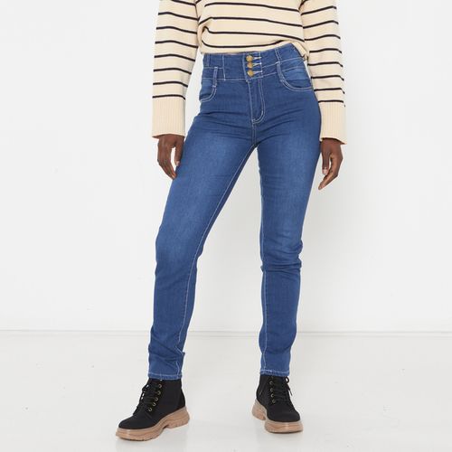 High Waist Button Fly Skinny Jeans Mid Blue JAVING