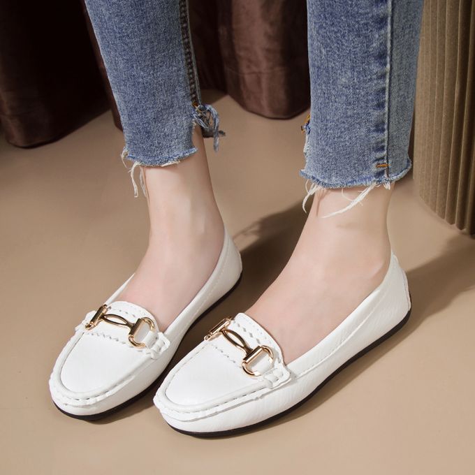 Buckle Trim Moccasin Style Flat Loafers, White JAVING | South Africa ...