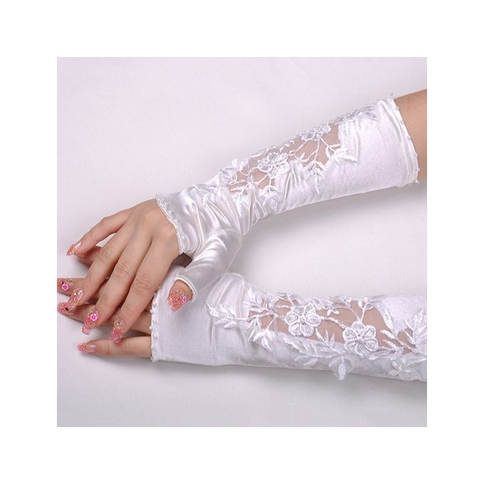 Elbow Length Floral Lace & Satin Bridal Fingerless Gloves, White JAVING ...