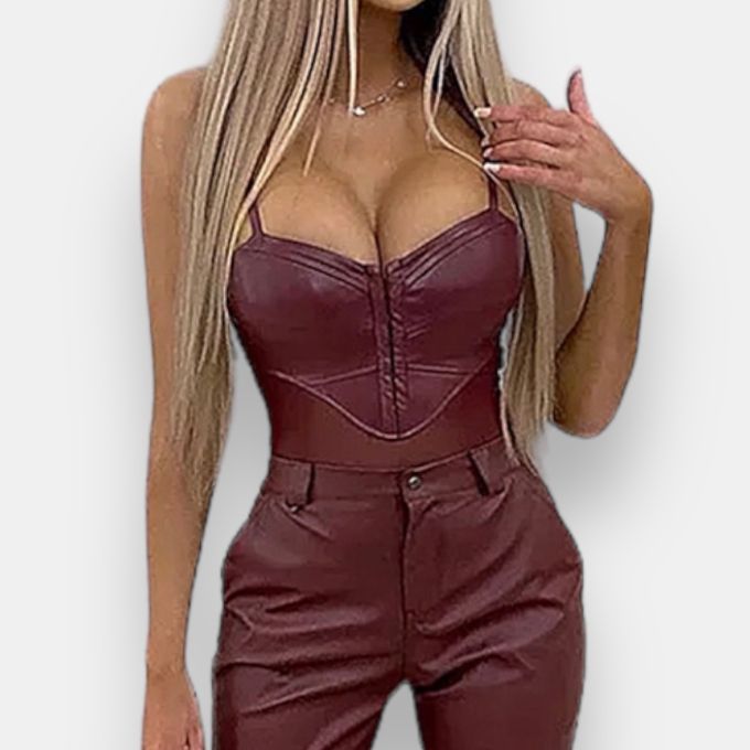 Leather PU & Mesh Bodysuit Top Ruby Red MishMesh Boutique