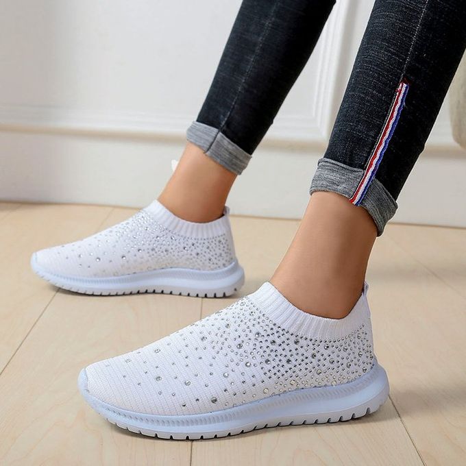 Casual Sparkly Rhinestone Knitted Slip On Sneaker, White JAVING | Price ...