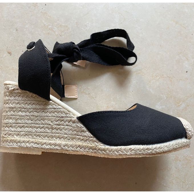 Closed Toe Straw Woven Wedge Linen Lace Up Ankle Vintage Shoes, Black ...