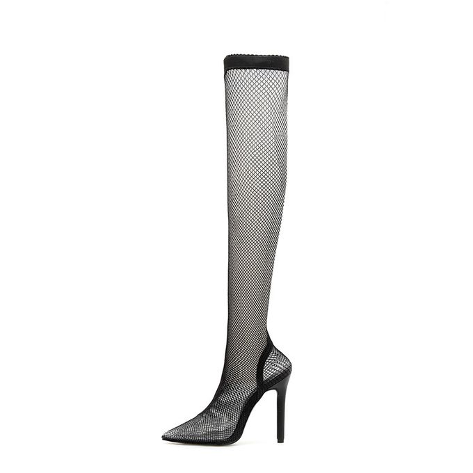 Ladies Hollow Mesh Detailed Thigh-high Stiletto Heel Boots, Black ...