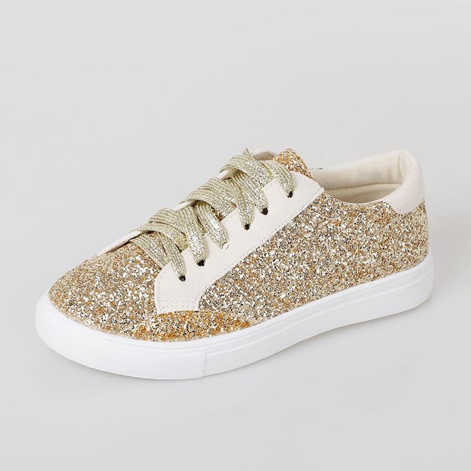 Fasionable Sparkly Glittered Lace Up Sneakers, Gold JAVING | South ...