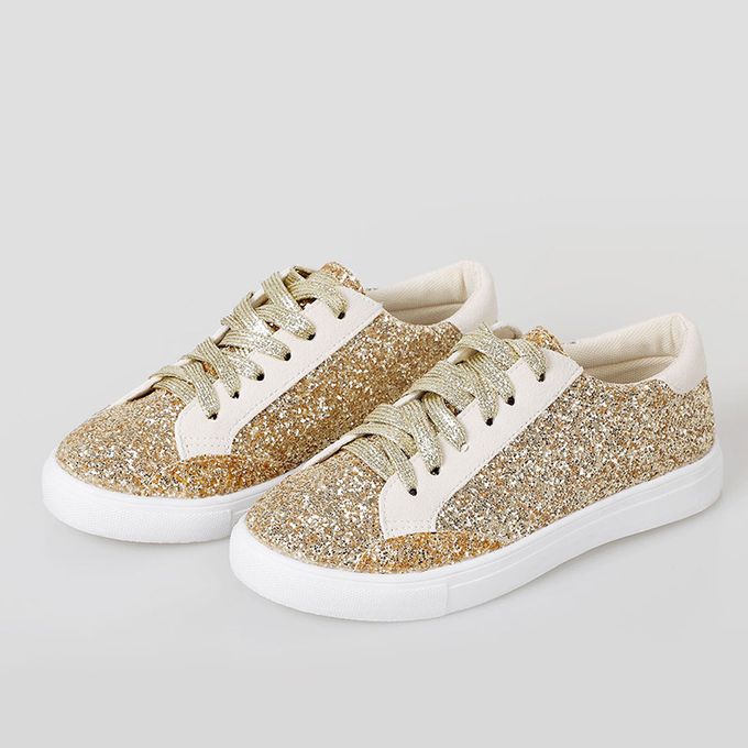 Fasionable Sparkly Glittered Lace Up Sneakers, Gold JAVING | South ...