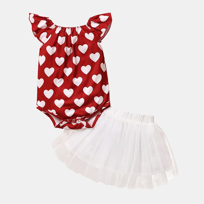 Baby Girls Princess Dress Hearts Printing Bodysuit White Skirt
